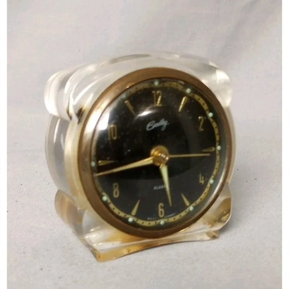 Vintage Cory Lucite Alarm Clock Mid Century Clear Case Brass Face